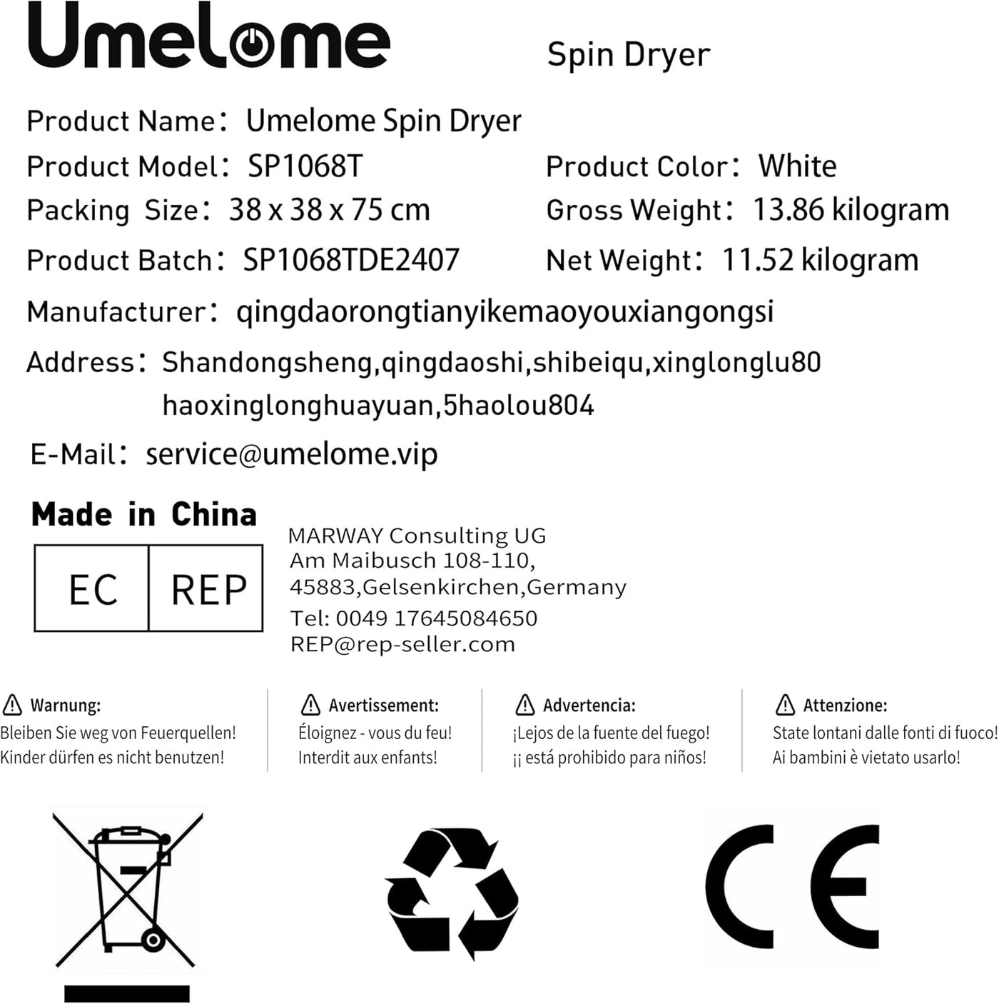 Spin Dryer 6kg by Umelome, Energy&Power Saving Spinner, Energy Efficiency Class: A+++, 2800 RPM Clothes Dryer, Gravity Drain dryer, Black