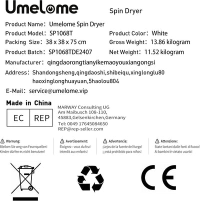 Spin Dryer 6kg by Umelome, Energy&Power Saving Spinner, Energy Efficiency Class: A+++, 2800 RPM Clothes Dryer, Gravity Drain dryer, Black